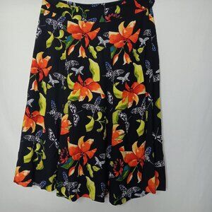 Soft Surroundings Large Skirt Midi Butterfly Black Floral Hawaiian Plumeria Zip